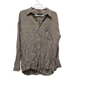 J.Crew Linen Plaid Long Sleeve Button Front Shirt Brown Tan Blue M